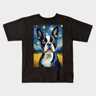 Cute Adorable Boston Terrier Dog Breed Painting in a Van Gogh Starry Night Art Style Kids T-Shirt